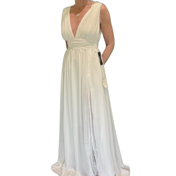👰♀️ NWT Lulu’s White Chiffon Maxi Dress – Deep V-Neck, Side Slit – Size S - Picture 2 of 7